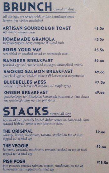 Bluebelles of Portobello menu