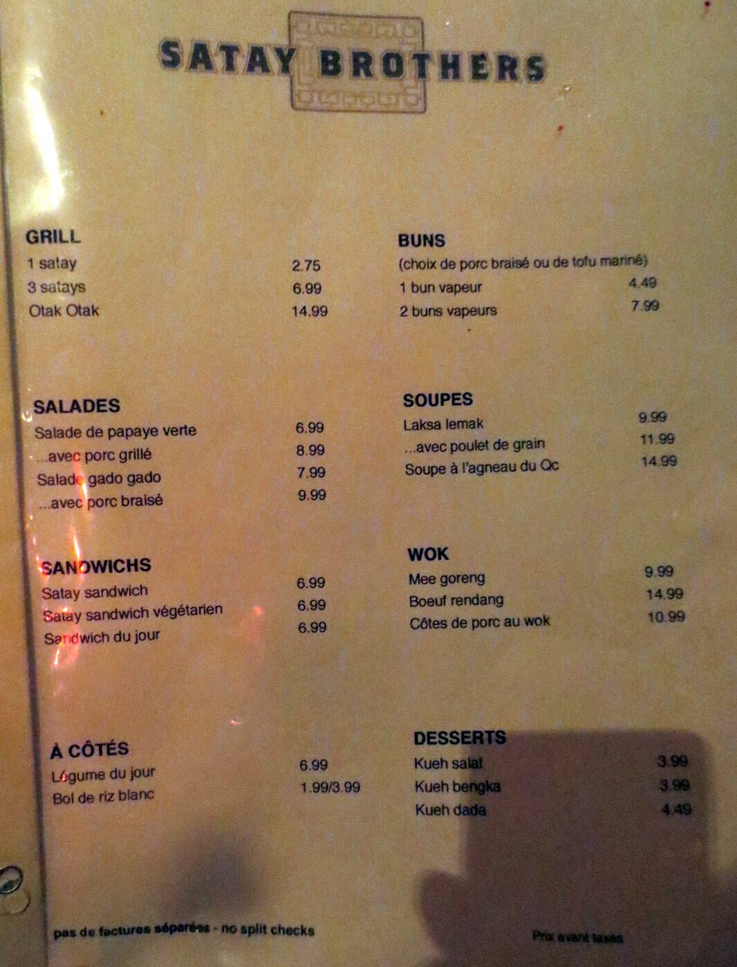 Satay Brothers Menu, Menu for Satay Brothers, SudOuest, Montreal