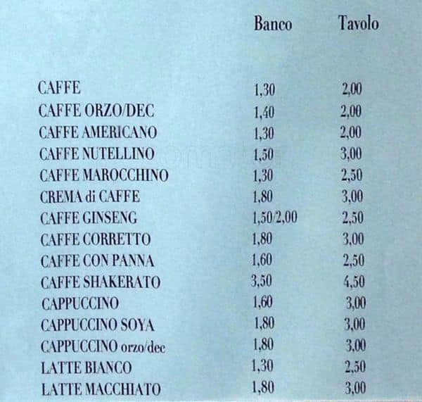 Menu di Caffé Mozart 
