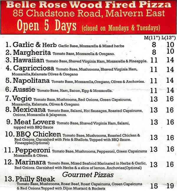 Belle Rose Wood Fired Pizza Menu Urbanspoon/Zomato