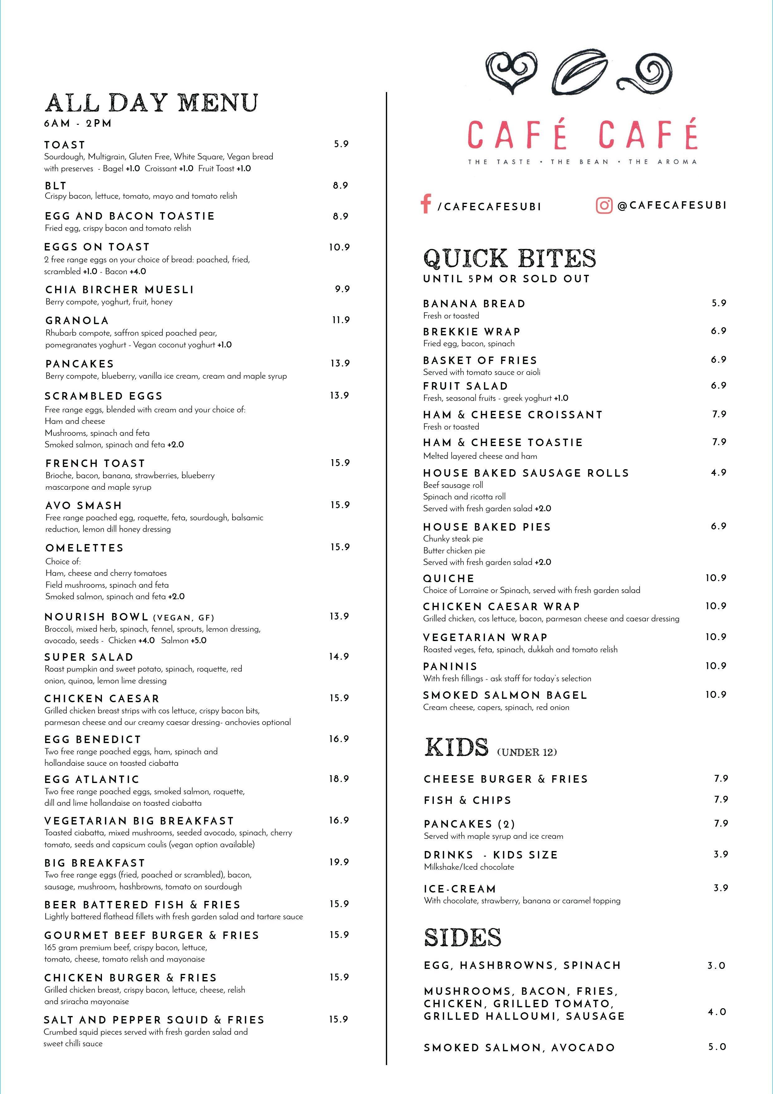 Cafe Cafe Menü, Cafe Cafe, Subiaco, Perth için Menü Urbanspoon/Zomato