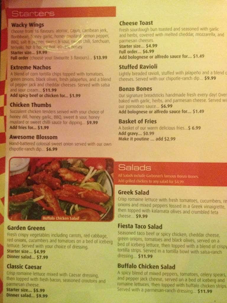 Garbonzo's Pizza Menu, Menu for Garbonzo's Pizza, Fort Garry, Winnipeg