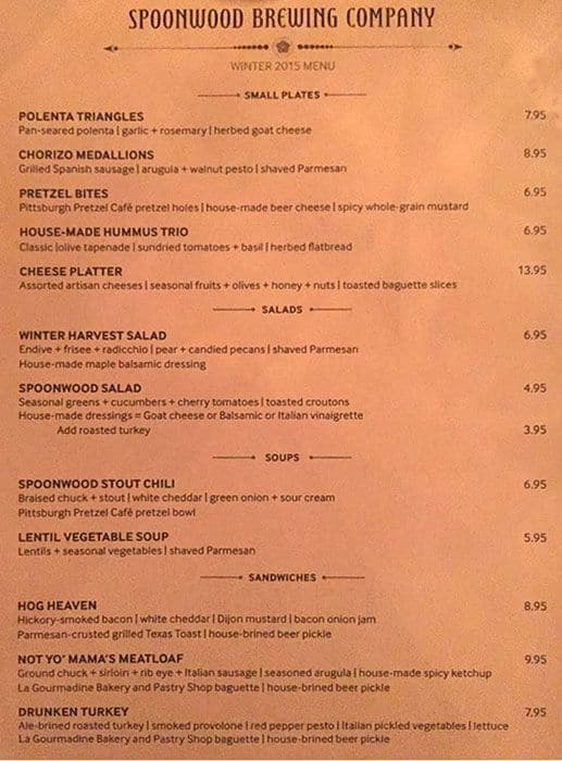 Menu at Spoonwood Brewing pub & bar, Pittsburgh