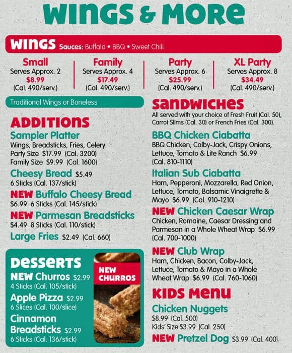 Menu at Chuck E. Cheese pizzeria, Lexington