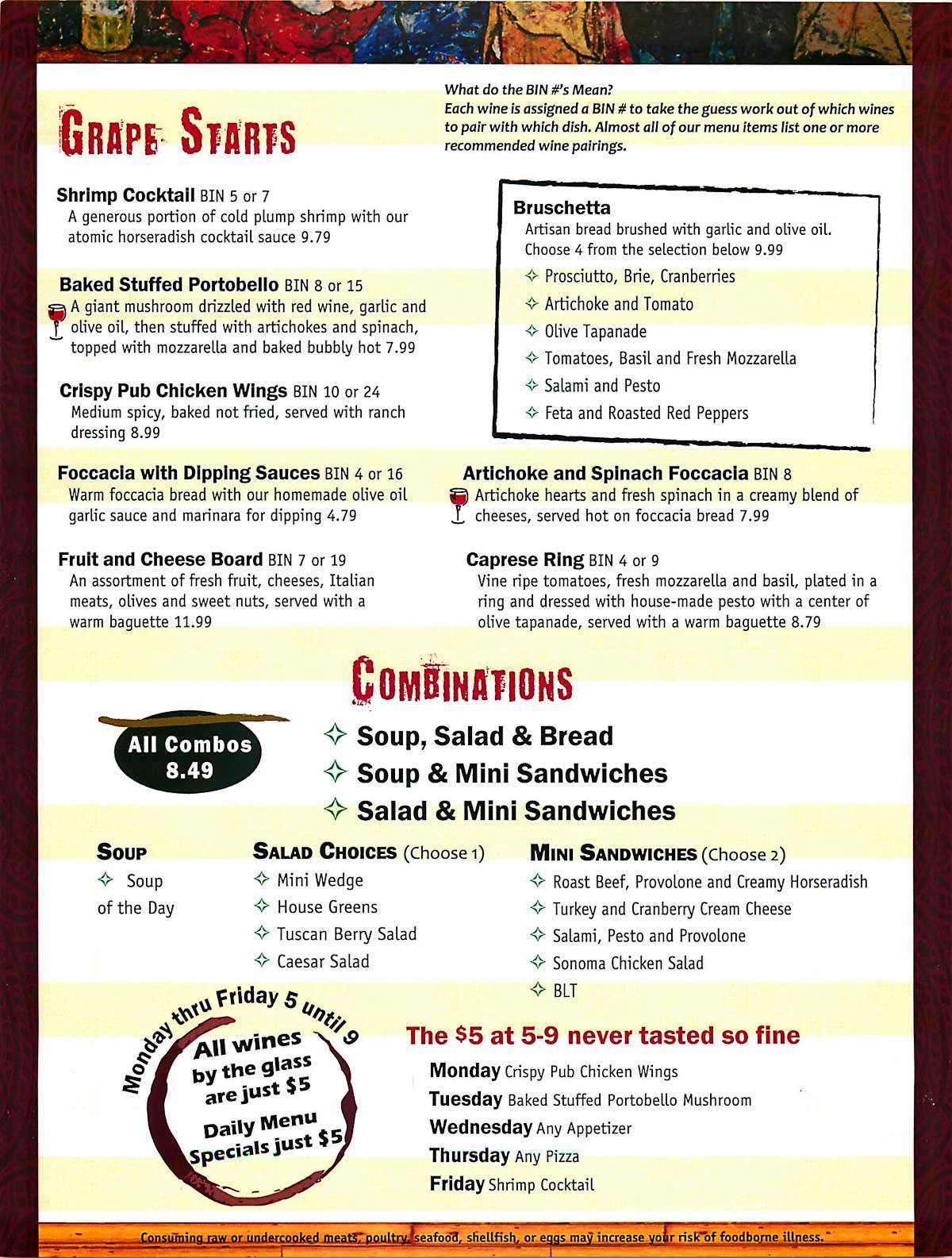 Menu at Grapes restaurant, Jerome