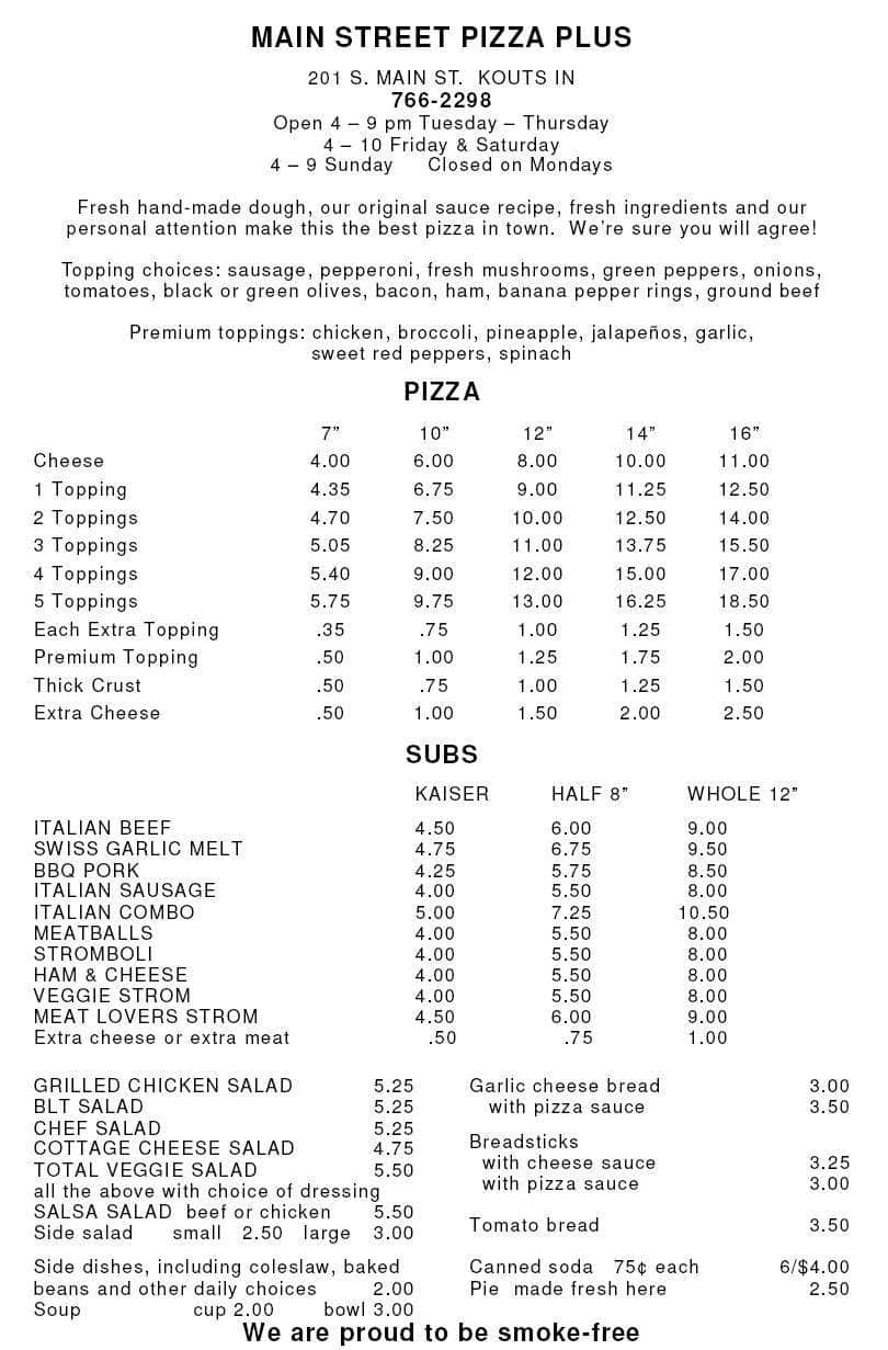 Menu at Mainstreet Pizza Plus pizzeria, Kouts