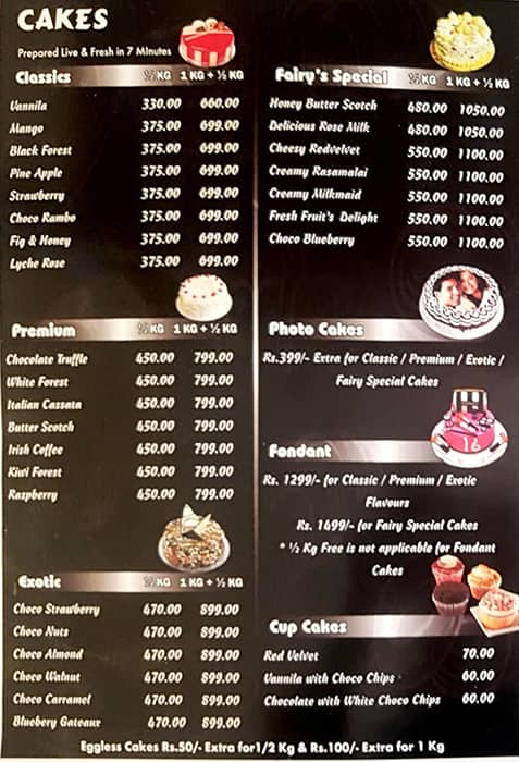 Menu of Cake Fairy, Kilpauk, Chennai