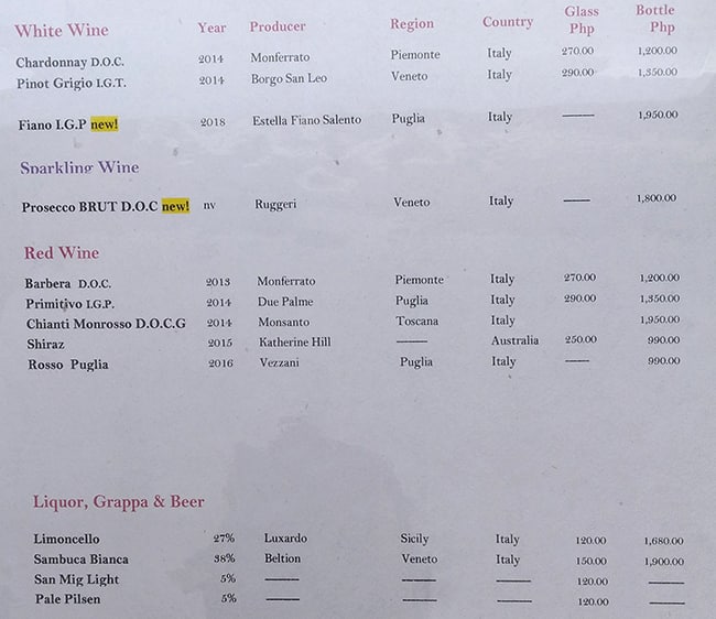 Menu at Va Bene Pasta Deli restaurant, Makati, 2nd Floor