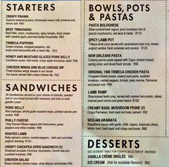 Tribeca Original Menu, Menu for Tribeca Original, Brooklyn, Pretoria