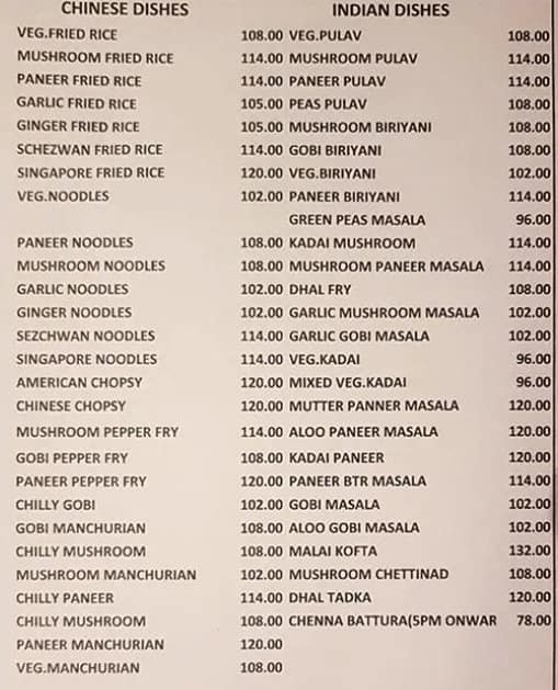 Hotel Aryaas menu