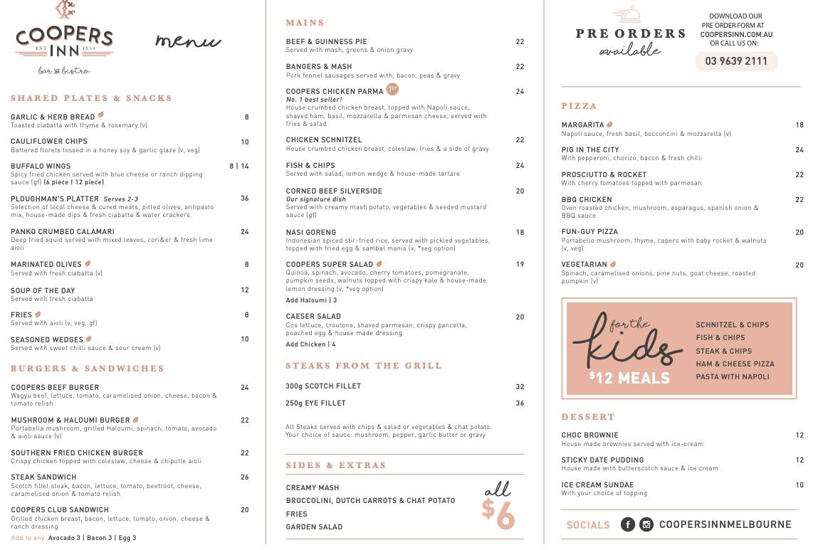 Carta del restaurante The Coopers Inn, Melbourne, 282 Exhibition St