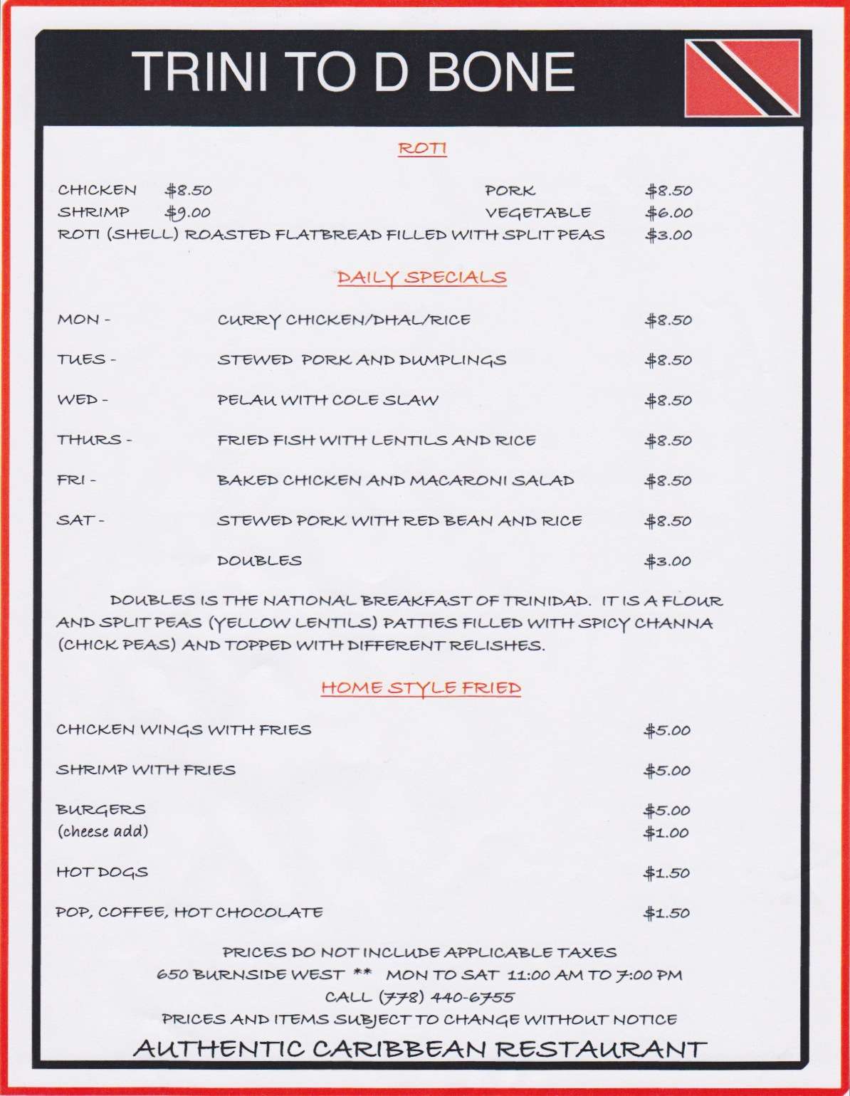 Trini To D Bone Menu, Menu for Trini To D Bone, Saanich, Saanich