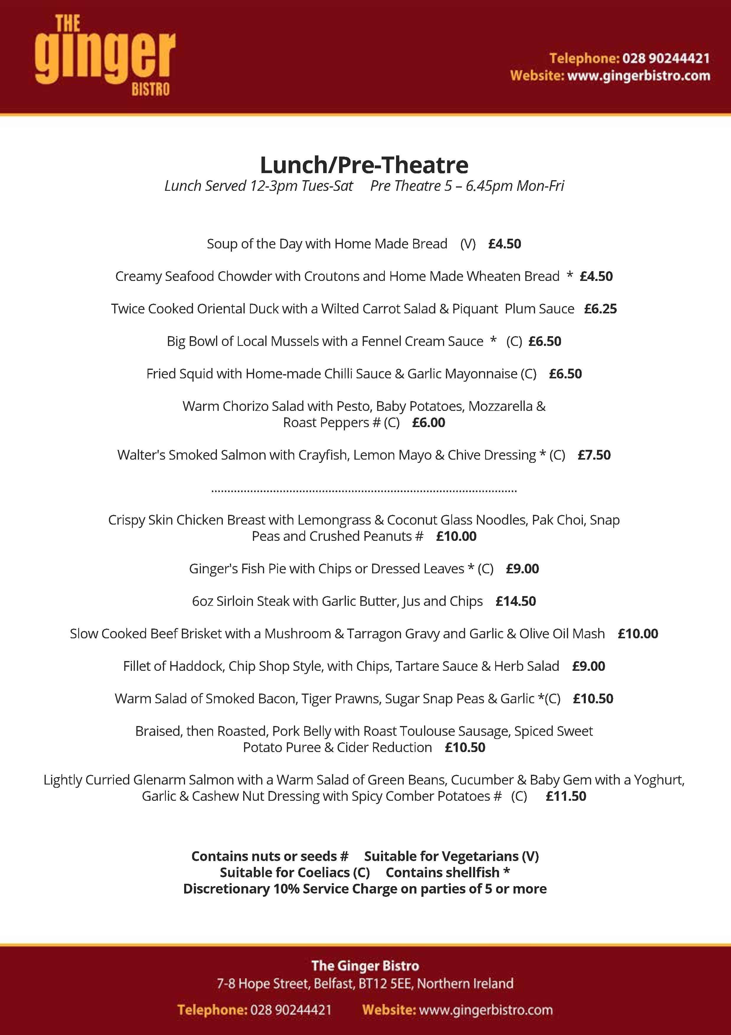 Menu at The Ginger Bistro restaurant, Belfast