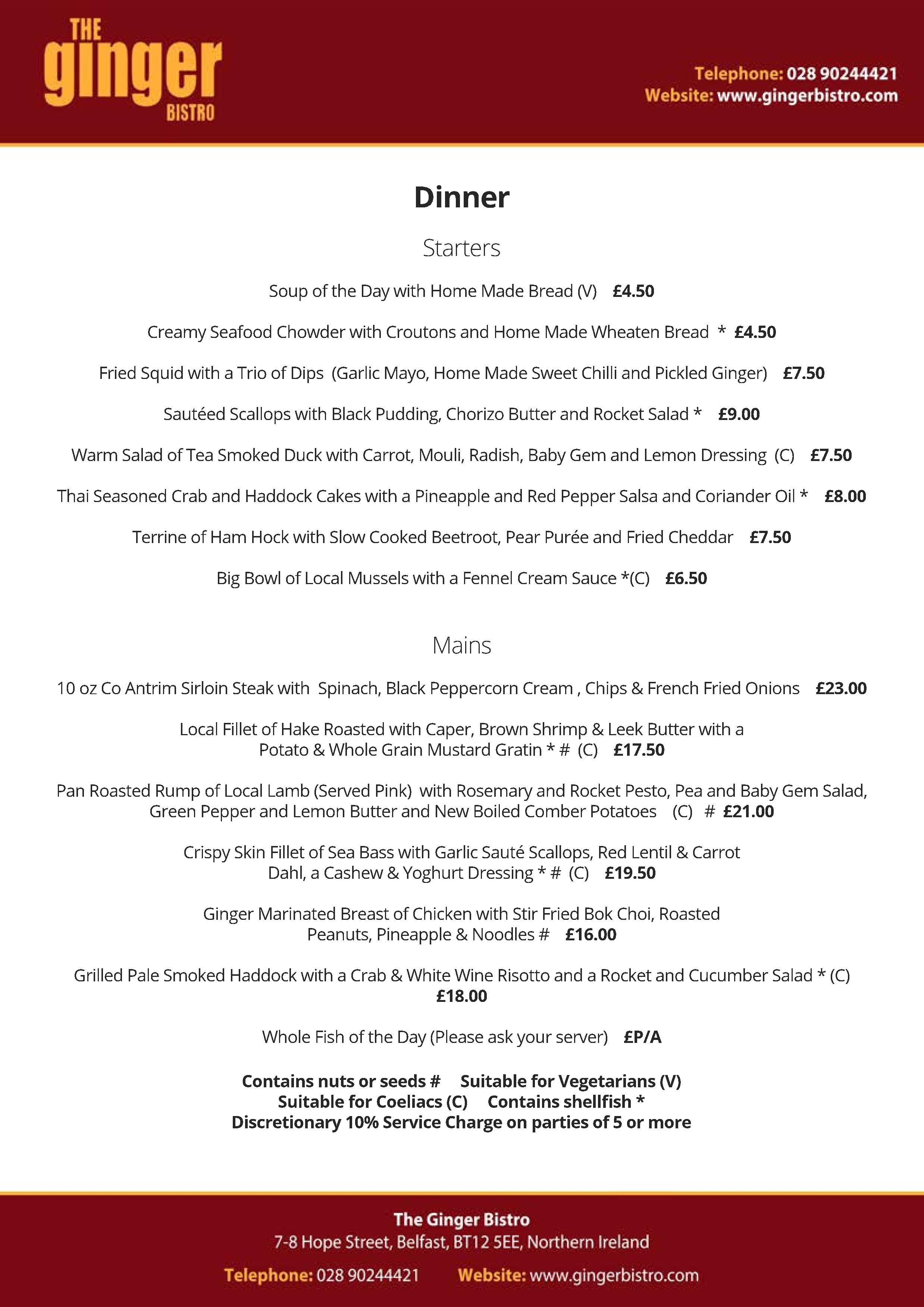 Menu at The Ginger Bistro restaurant, Belfast