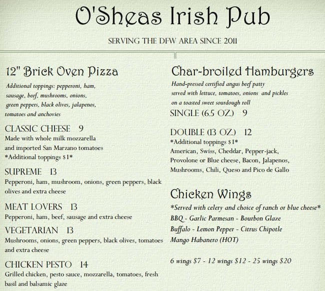 Menu at O'Sheas Irish Pub, Hurst