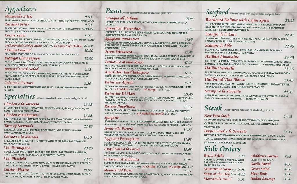Menu At Sorrento s Restaurant Anchorage