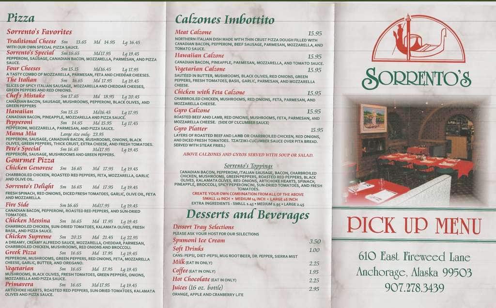 Menu at Sorrento's restaurant, Anchorage