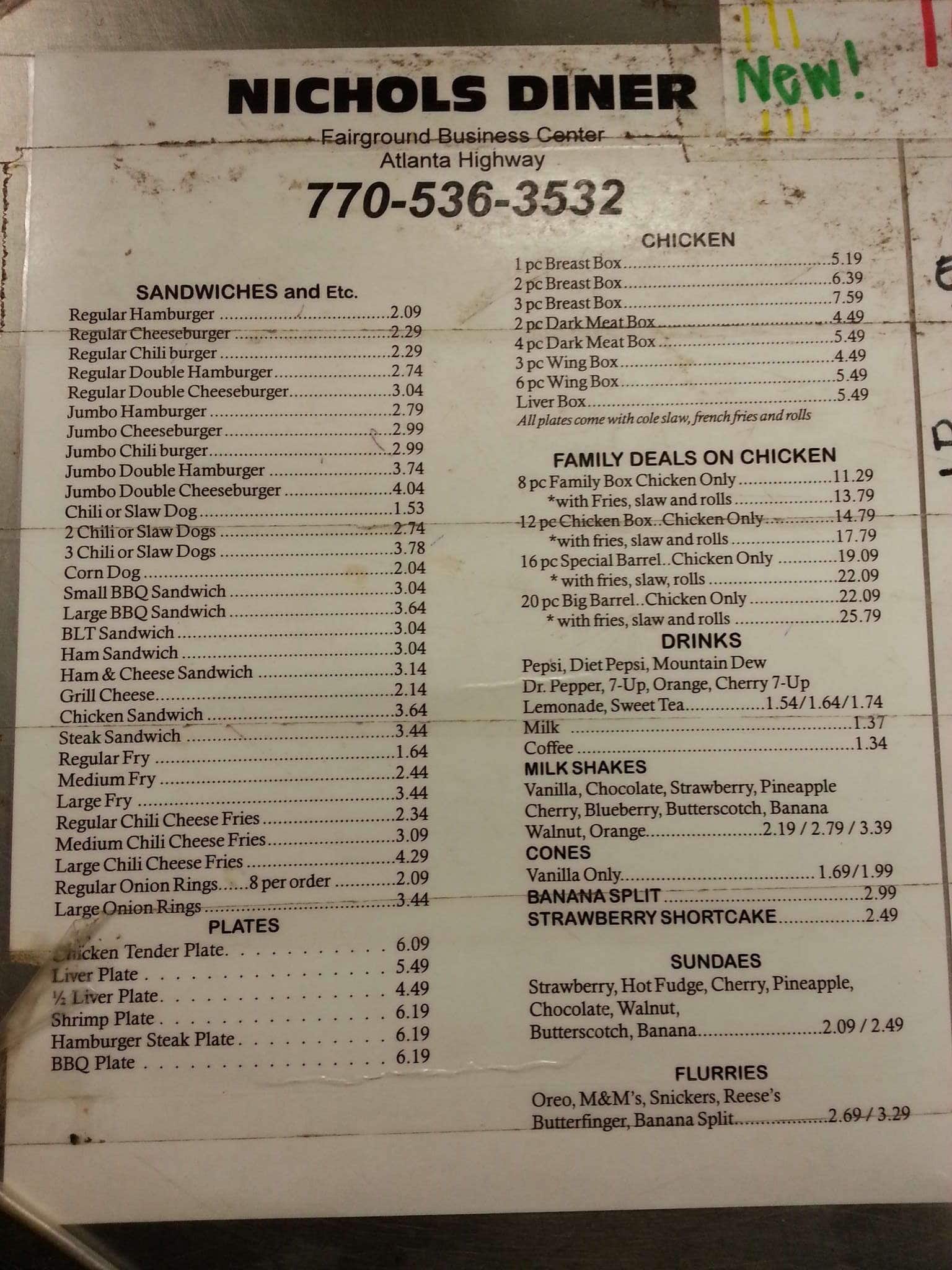 Menu at Nichols Diner, Gainesville, Atlanta Hwy