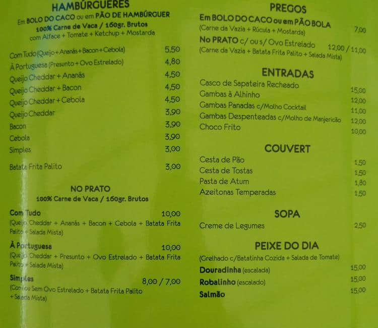 Menu at Waikiki pub & bar, Costa da Caparica