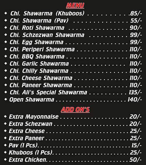 Menu of Ali's Shawarma King, Malad West, Mumbai