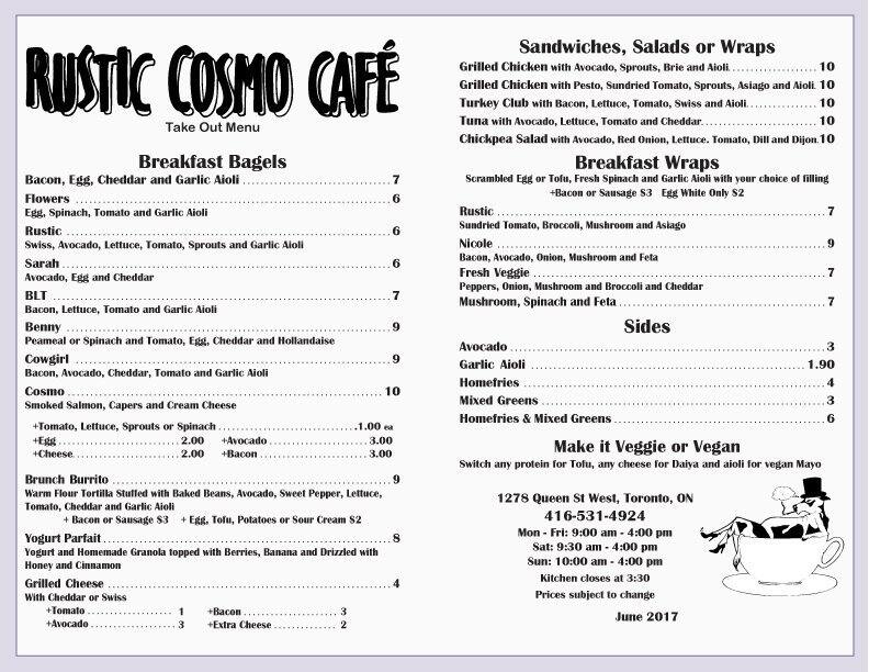 Rustic Cosmo Cafe Menu, Menu for Rustic Cosmo Cafe