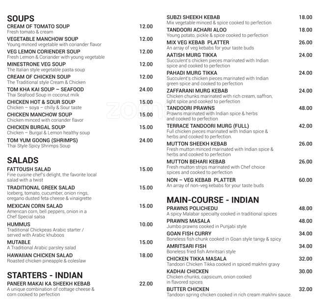 The Terrace Menu, Menu for The Terrace, Al Jurf, Ajman Zomato