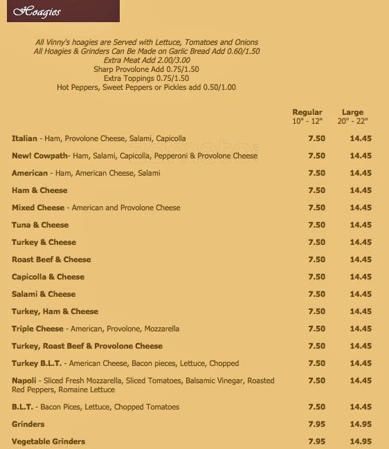 Menu at Vinny's Pizzarama pizzeria, Hatfield, 350 W Broad St