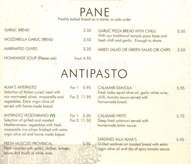 Alma's Pizzeria Menu, Menu for Alma's Pizzeria, London Bridge, London