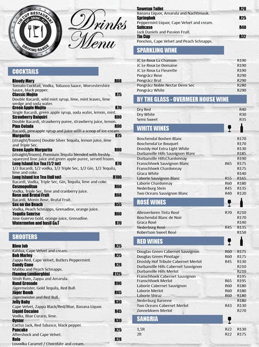 Menu at Tin Cup Driving Range and Restaurant, Johannesburg South
