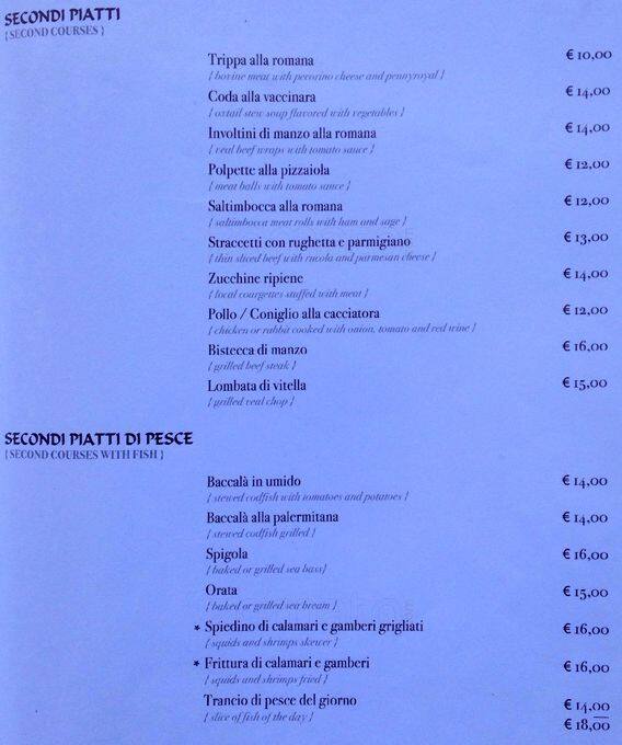 Menu at Sole & Luna restaurant, Rome, Via Giunio Bazzoni