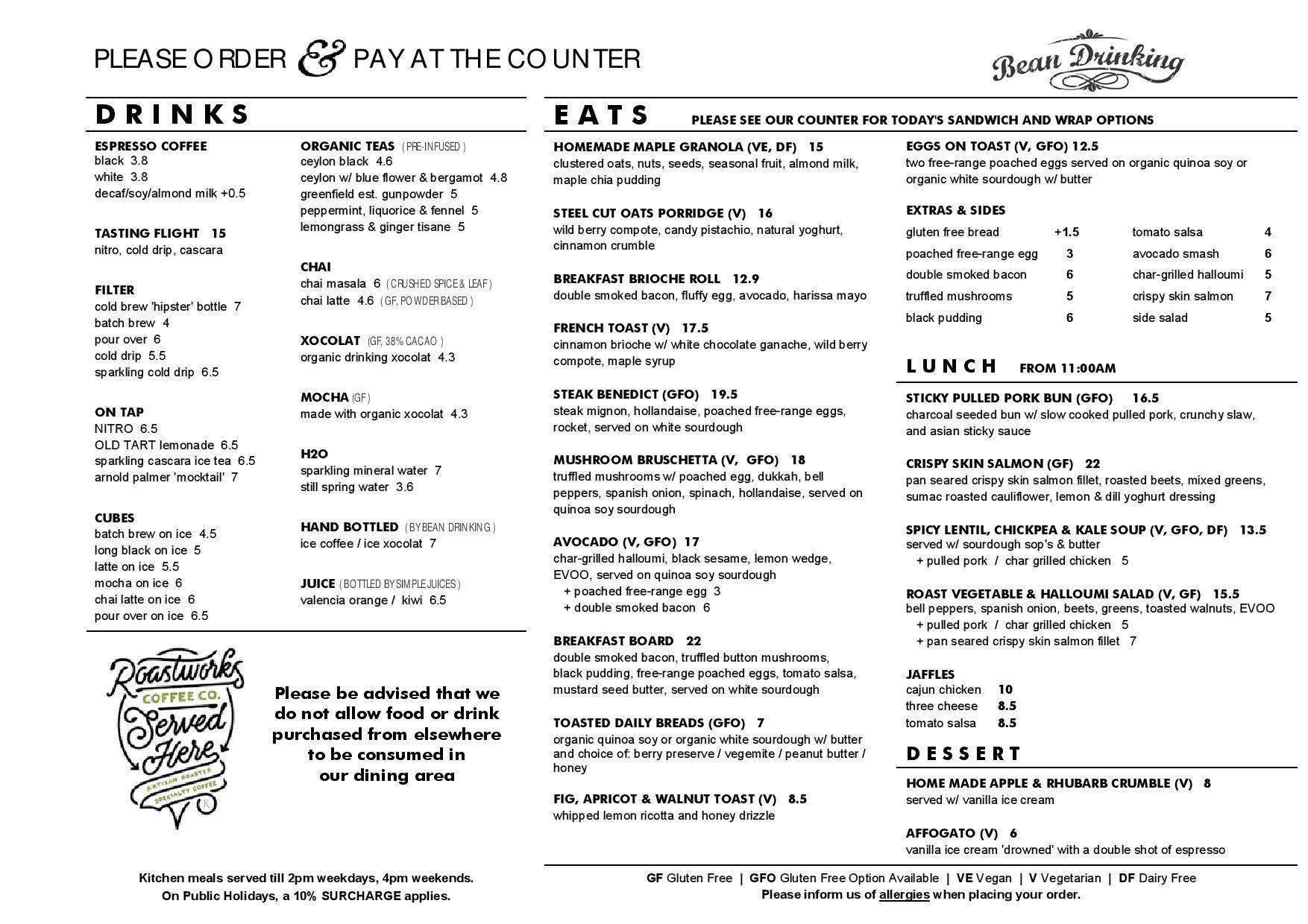 Bean Drinking Menu, Menu for Bean Drinking, Crows Nest, Sydney