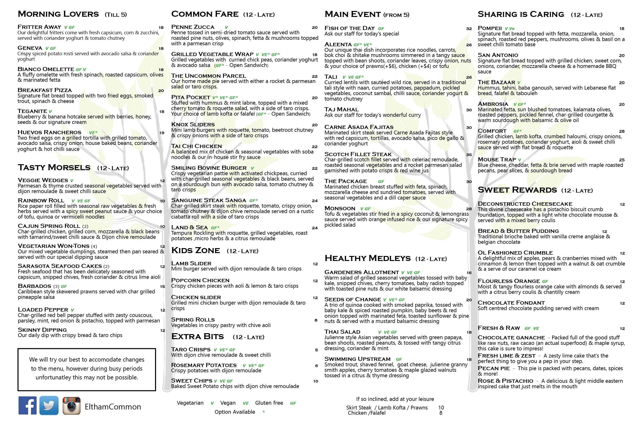 The Common menu, Menu restauracji The Common, Eltham, Melbourne