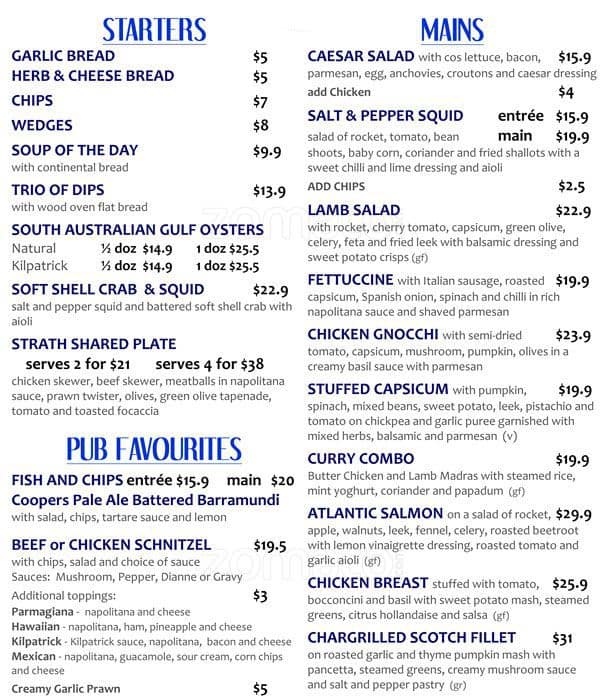 Menu at Strathmore Hotel pub & bar, Adelaide