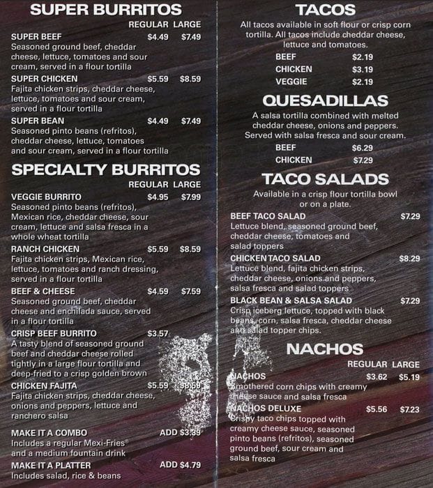 Menu at Taco Time restaurant, Vancouver, 701 West Street