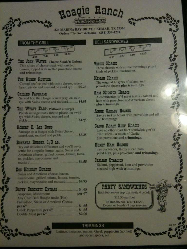 Hoagie Ranch Emporium Menu, Menu for Hoagie Ranch Emporium, NASA/Clear Lake, Houston