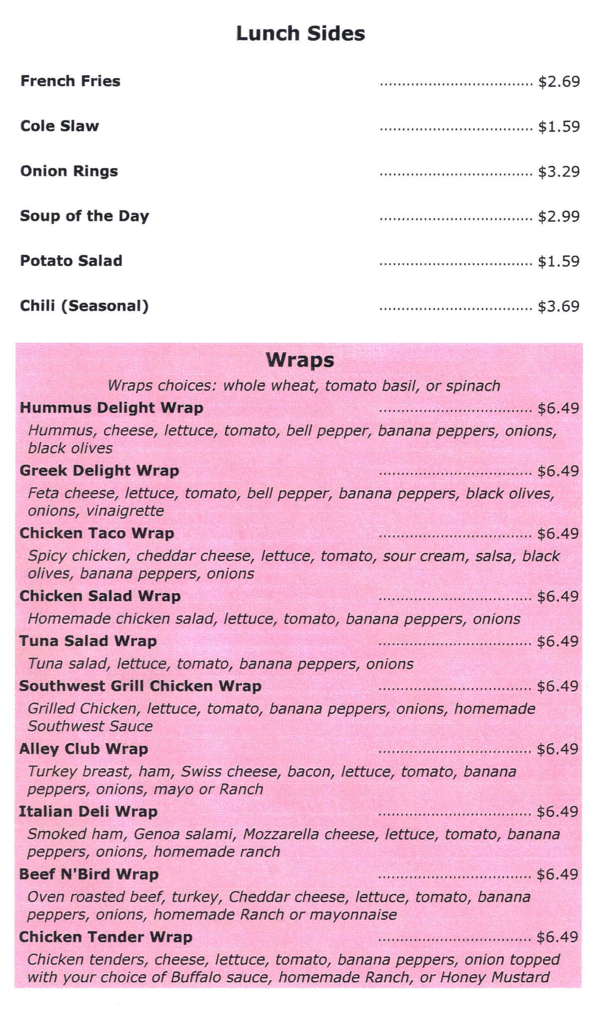 Menu at Chow Down Alley restaurant, Jacksonville