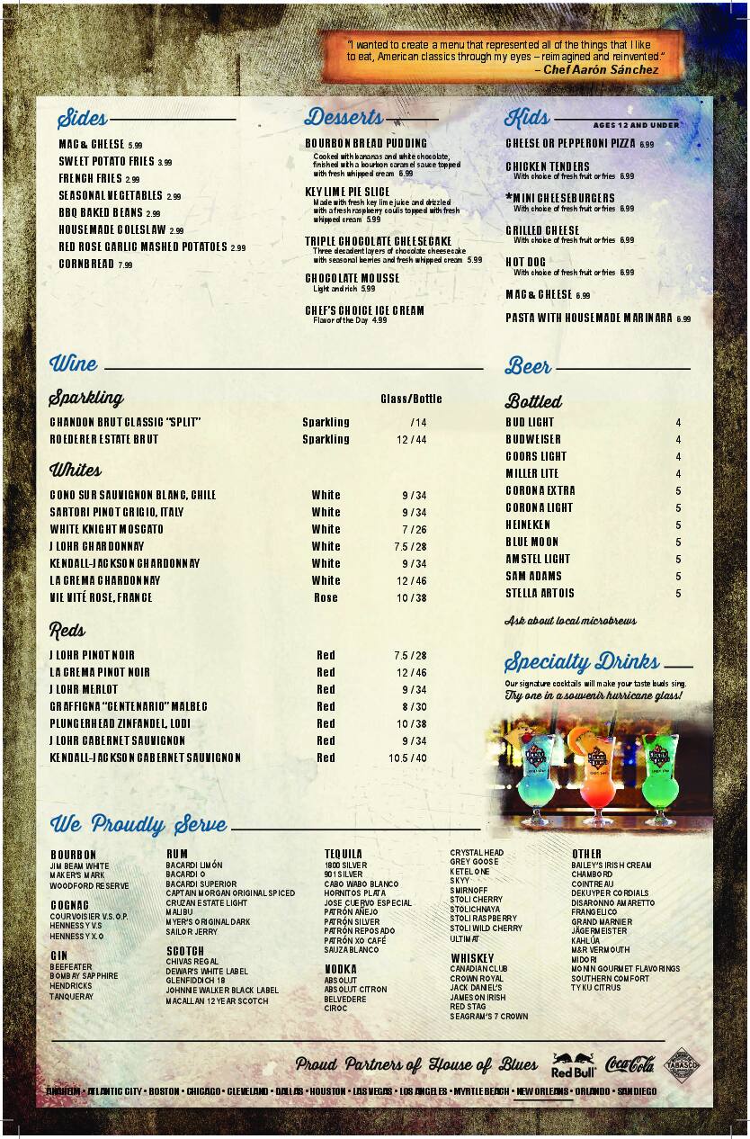 Menu at House of Blues Restaurant & Bar, New Orleans, 225 Decatur St