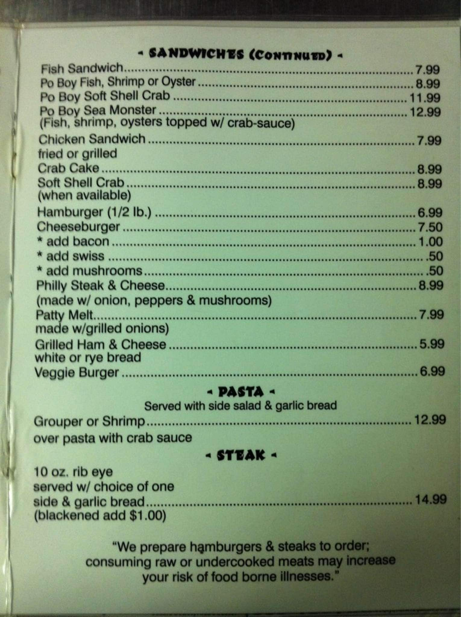 TC's Front Porch menu