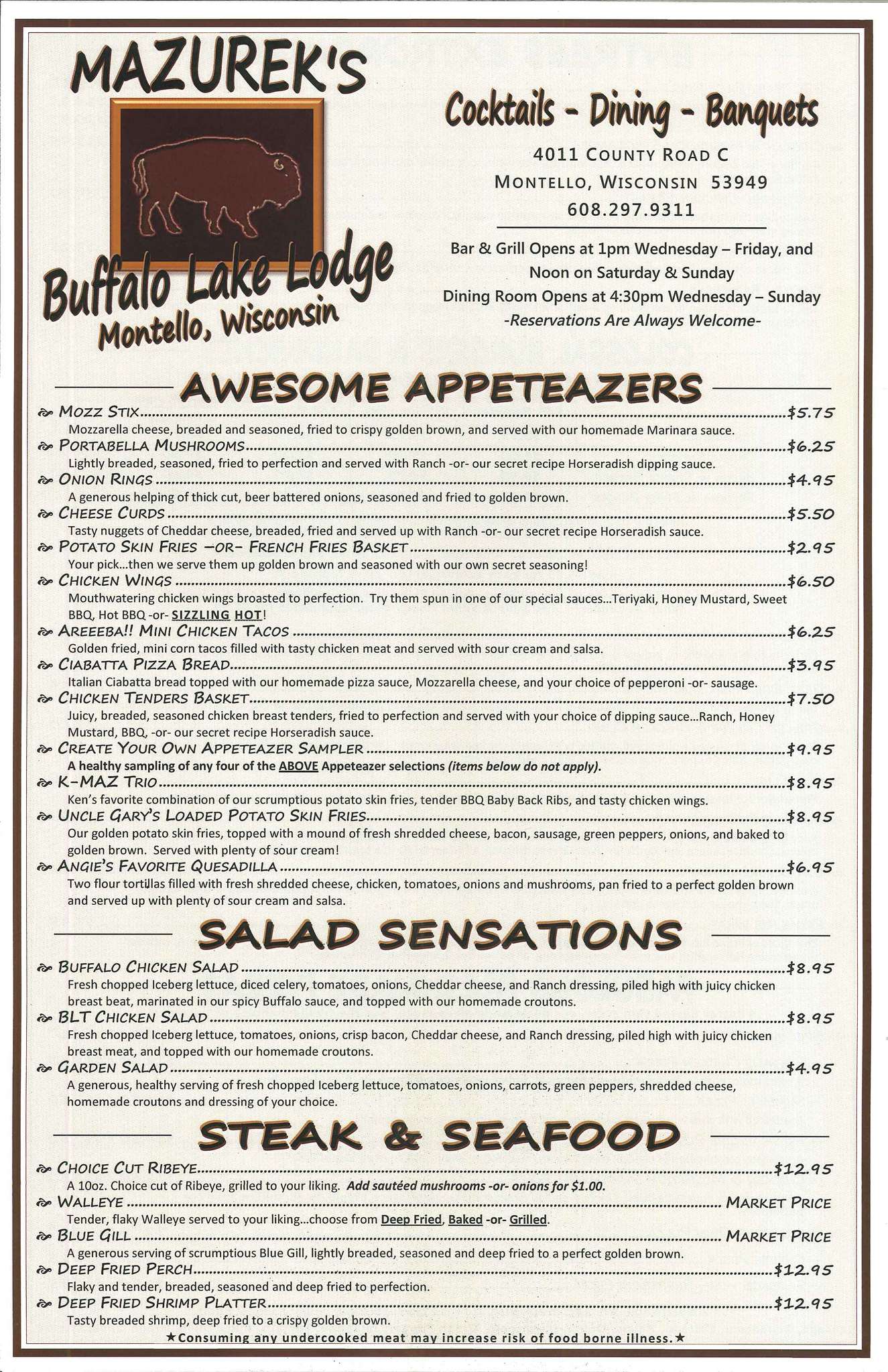 Menu at Mazurek's Buffalo Lake Lodge pub & bar, Montello