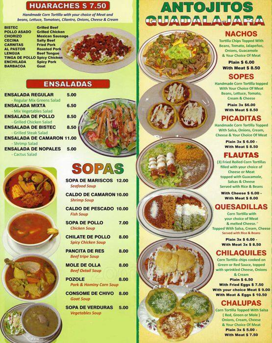 Menu at Guadalajara de Dia restaurant, New York City, 566 Seneca Ave