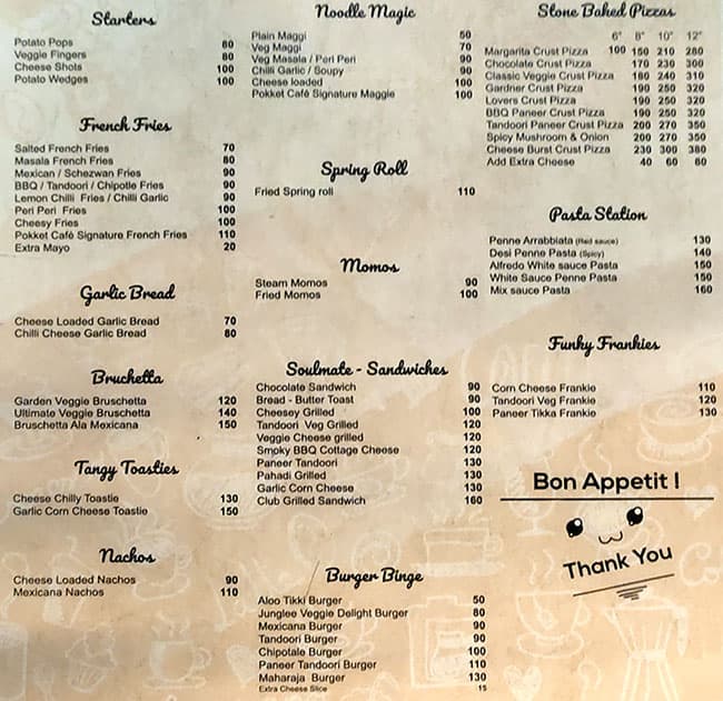 Menu of Pokket Cafe, College Road, Nashik