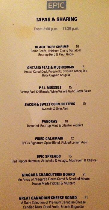 EPIC Restaurant & Lounge menu