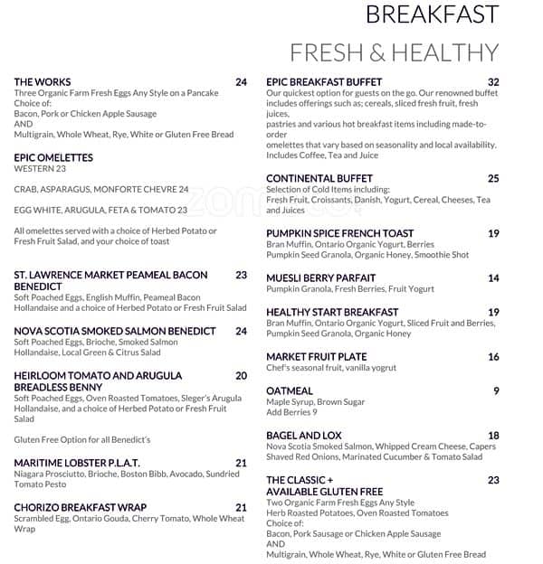Epic The Fairmont Royal York Menu Urbanspoon/Zomato