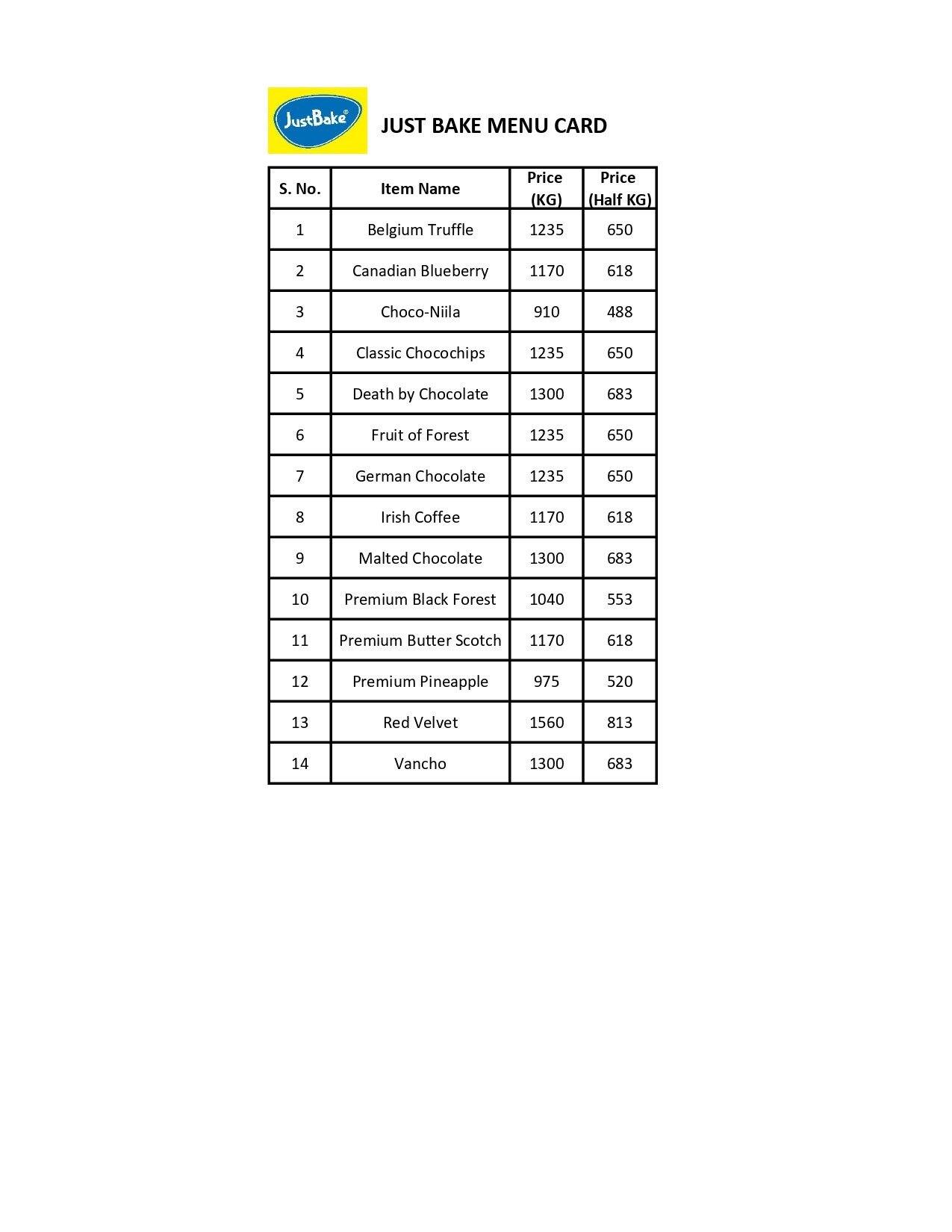 Menu at Just bake, Hyderabad, JB BACHUPALLY. H No18133 shop no1