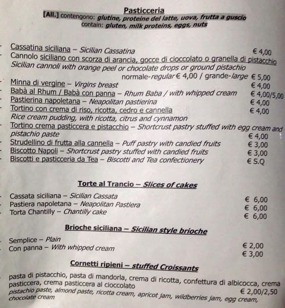 Menu di Pasticceria Fratelli Freni 