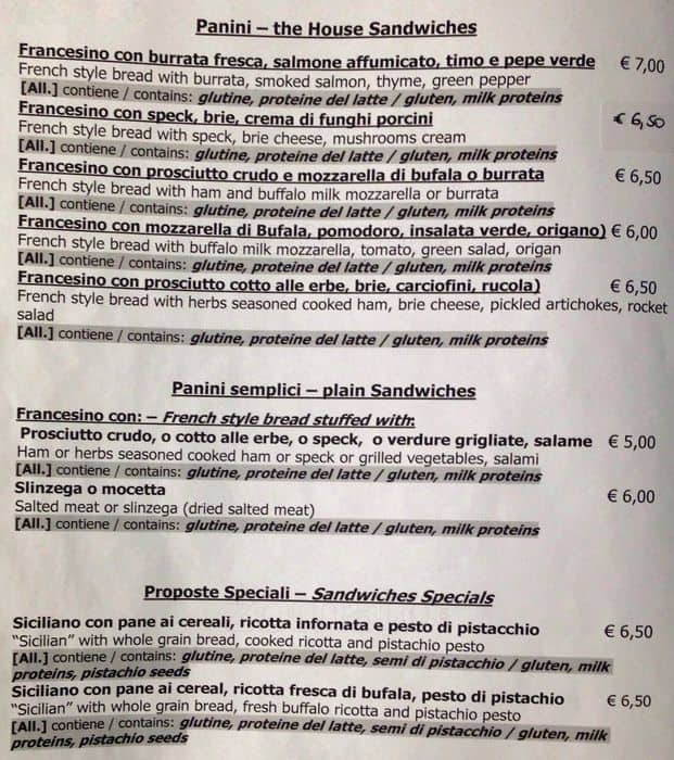 Menu di Pasticceria Fratelli Freni 