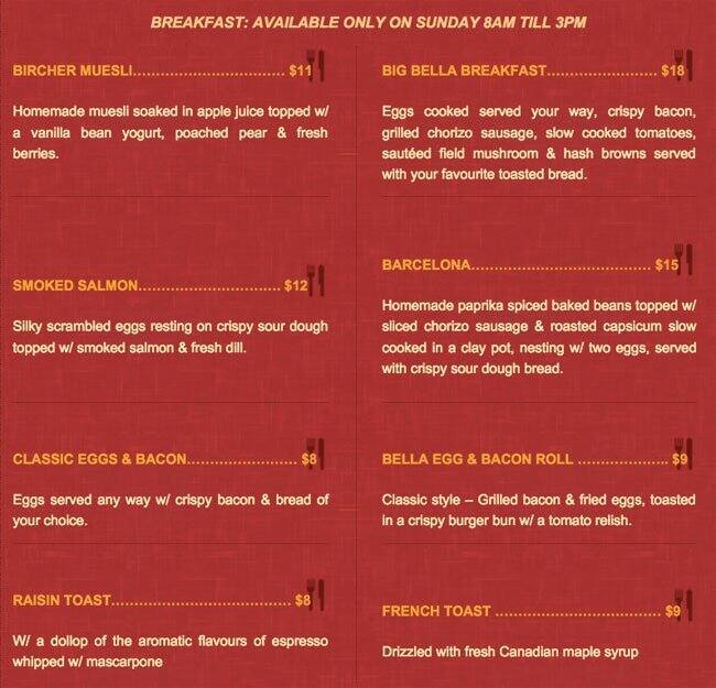 Menu at Bella restaurant, Rowville