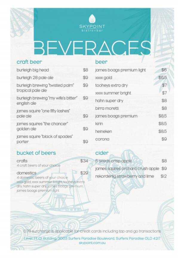Menu at Q1 Skypoint restaurant, Surfers Paradise