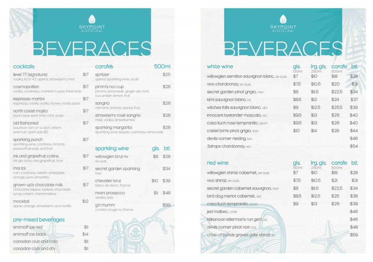 Menu at Q1 Skypoint restaurant, Surfers Paradise