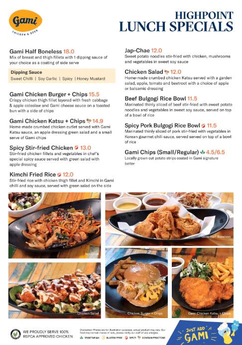 Menu At Gami Chicken Beer Restaurant Maribyrnong Highpoint Shopping Centre Shop 1140